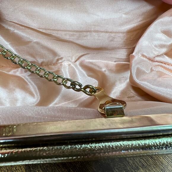 Vintage Gold Clutch Prom Purse Pocketbook 10" Kiss Lock Chain Strap Satin Glam - Picture 7 of 13